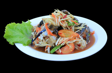 Horse crab papaya salad in dish isolated on black background. Image with Clipping path.