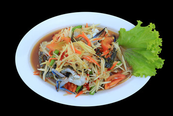 Horse crab papaya salad in dish isolated on black background. Top view.