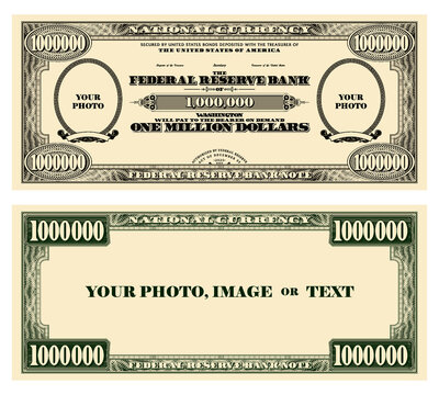 Vector obverse and reverse of a sample vintage banknote with empty ovals, denomination of one million US dollars. Template with inscription, your photo, image or text.