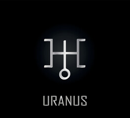 3d silver symbol of planet uranus on dark background