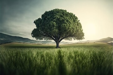  a tree in a field with a mountain in the background and a sky in the background with clouds and sun shining on the grass and hills in the foreground, generative ai