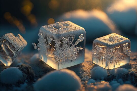 a couple of ice cubes sitting on top of snow covered ground next to a pile of snowflaked rocks and snowballs on top of snow covered ground with snowflakes.