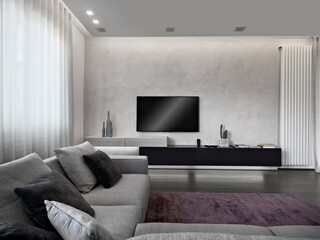 Modern living room with fabric sofa and TV 