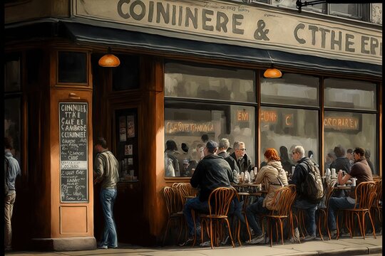a painting of people sitting at a table outside of a restaurant in a city street with people standing outside the restaurant and eating out of the windows on the sidewalk below a sidewalk with people.