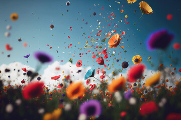 a beautiful field of flowers with flying petals, - obrazy, fototapety, plakaty