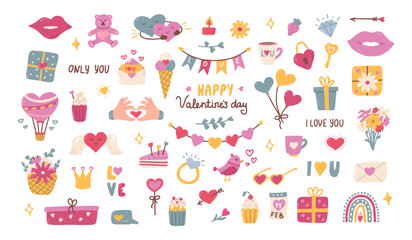 Fototapeta na wymiar Set elements for Valentines Day. Heart, balloon, gift, kiss and other decorative elements with lettering. Flat illustration in hand drawn style