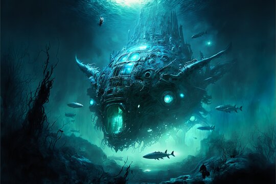 Aquatic deep sea sci-fi robotic biomechanical submarine creatures in underwater fantasy landscape