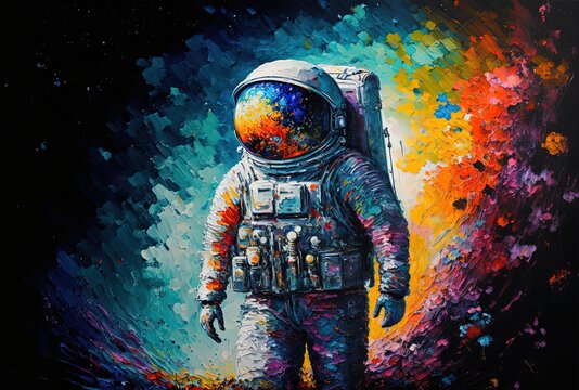 oil painting style illustration of astronaut with colorful background