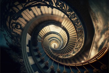 a spiral staircase in a building with a skylight in the middle of the spiral stairs, with a skylight at the top of the spiral staircase, and a skylight at the end of the spiral.