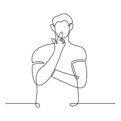 Continuous line drawing. A person thinking and holding his finger to his chin. Isolated on white background. Vector illustration.