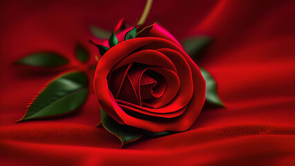 A single red rose close up on red silk. Generative ai.