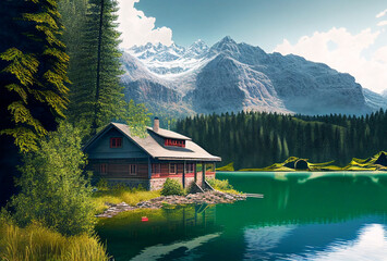 Fototapeta premium Calm lake in the Alps with small house. Mountains with snow caps in the background. Tranquility scene. Generative Ai Art.