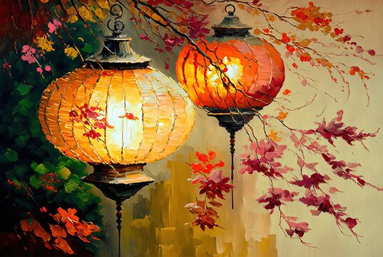 oil painting style illustration of lantern hanging on cherry blossom branch tree background , idea for Chinese new year and Asian lantern festival theme