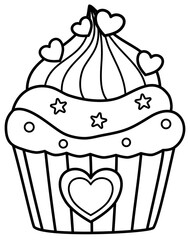 Valentine heart cupcake coloring outline
