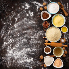 Ingredients for Gluten Free Cookies or Bread on Brown Wooden Background.