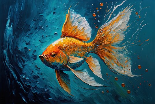 oil painting style illustration of a gold fish with long ribbon tail


