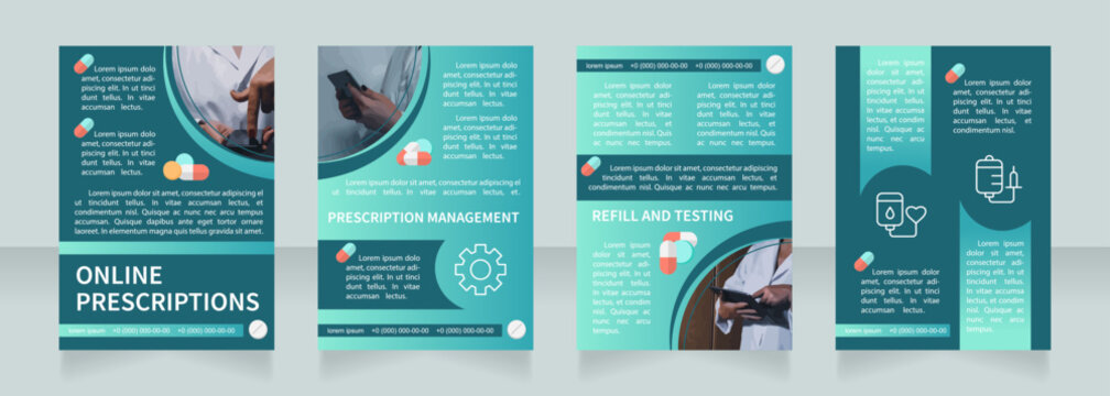 Online prescriptions brochure design with photo. Healthcare provider. Template set with copy space. Flyer layout ready to use. Editable 4 paper pages. Source Sans, Myriad Pro Regular fonts used