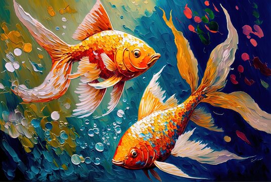 oil painting style illustration of a gold fish with long ribbon tail 