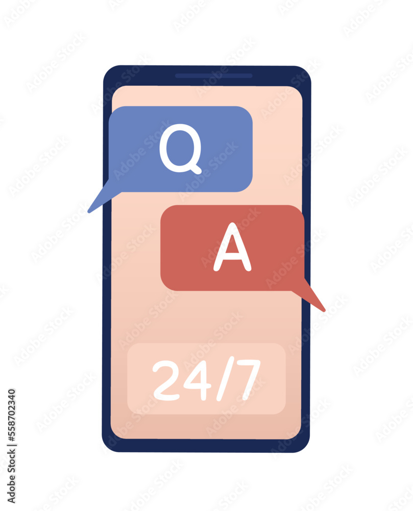 Poster customer support through smartphone semi flat color vector object. editable full sized item on white