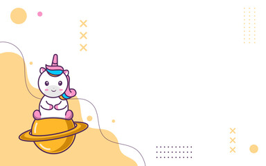 Cute background of cute unicorn character,unicorn sitting on a planet, suitable for social media and business posts