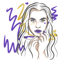 Fashion portrait of a girl with lip gloss in her hands, advertising concept