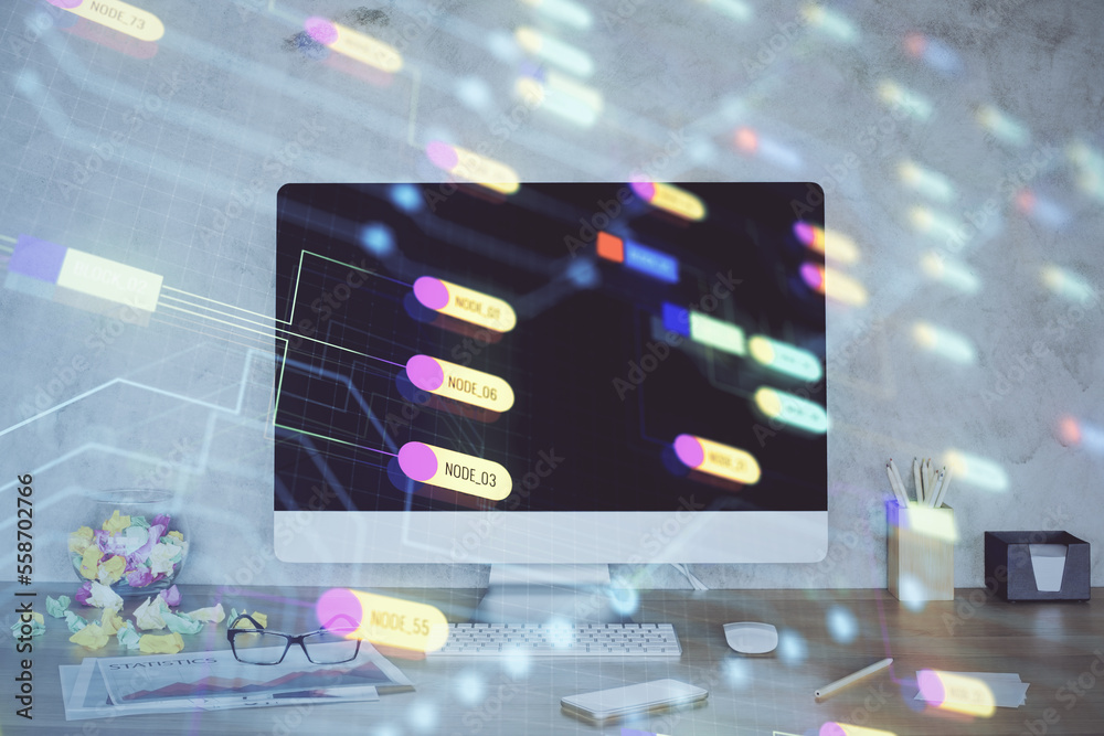 Poster Double exposure of table with computer on background and data theme hologram. Data technology concept.