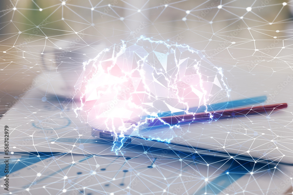 Poster Double exposure of desktop with computer and brain drawing hologram. Artificial intelligence concept.