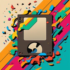 Antique computer floppy disk with colorful background. AI