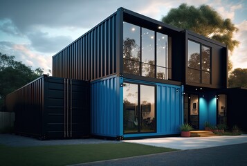 Fototapeta premium illustration concept of sustainability and recycle , container box remake as restaurant, office or house 