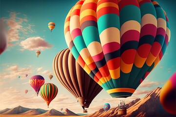 Landscape with many hot air balloons in the sky. AI