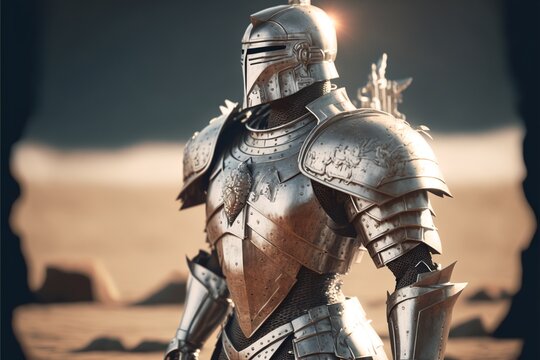 Medieval knight in silver armor. Digital illustration AI