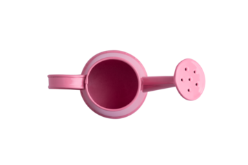 top view of pink watering can isolated on a transparent background, accessories for the garden