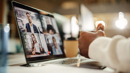 Multiethnic People Conference Meeting Online and Discussing Business Project. Laptop Screen...