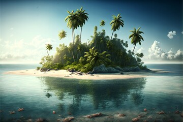 Tropical forest island landscape with many coconut trees. AI