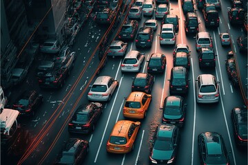 Fototapeta premium a busy city street filled with lots of cars and trucks driving down it's lanes at sunset or sunset, with the sun shining on the cars in the street lights and the cars.