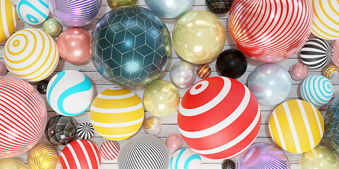 Fototapeta na wymiar Colorful spheres background on wooden background beads pearls decorative glass balls geometric backdrop Modern cover design Billboard 3D illustration