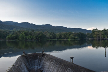 Natural landscape of water reservoir and mountain forest