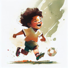 Fototapeta Cartoon cute happy boy playing football. Generative AI obraz