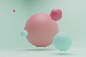 Three-dimensional rendering of abstract flying sphere in light pink, pink, light green color on green background