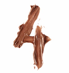 Cream chocolate spreading in shape number 4, four isolated on white, top view