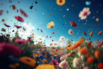 Fototapeta a beautiful field of flowers with flying petals, obraz