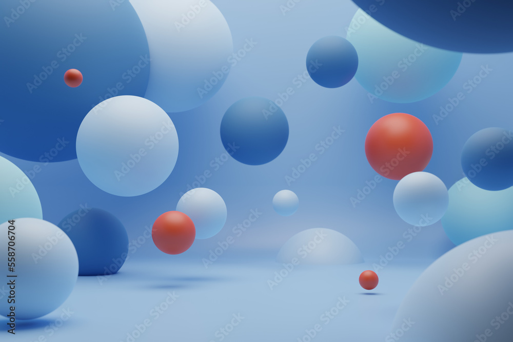 Wall mural 3d render of blue, light blue and red spheres of different sizes floating on a blue background