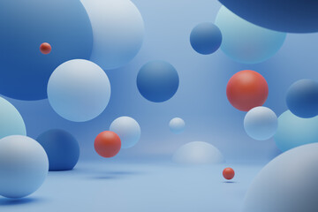 3D render of blue, light blue and red spheres of different sizes floating on a blue background