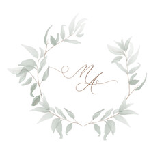 Wedding monogram watercolor leaves MA initial. Watercolor round leaf frame Hand drawn template.