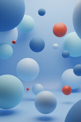 3D render of blue, light blue and red spheres of different sizes floating on a blue background