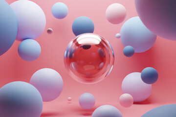 3D render of different sized spheres made of glass and other materials floating on a pink background. Color of spheres: blue, light blue and purple