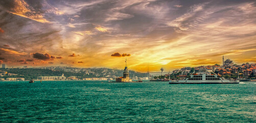 Istanbul Bosphorus bridge and Mermaid lighthouse
