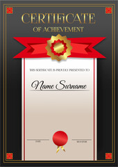 The certificate is dark gray with a light leaf and a red bow. Golden text and golden sticker.