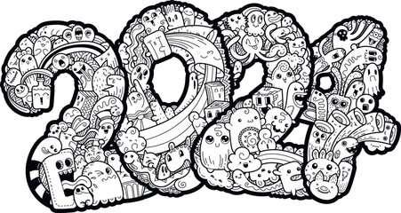 New year 2024. Monster doodle date. Ornate holiday symbol.