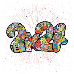 New year 2K24. Monster doodle date. Ornate holiday symbol.